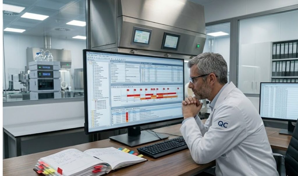 A male forensic investigator in a white lab coat leans forward, intensely studying a large monitor displaying abstract data logs and audit trails in a clinical pharmaceutical laboratory.
