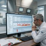 A male forensic investigator in a white lab coat leans forward, intensely studying a large monitor displaying abstract data logs and audit trails in a clinical pharmaceutical laboratory.