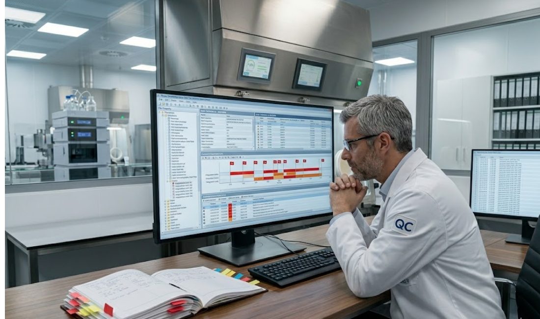 A male forensic investigator in a white lab coat leans forward, intensely studying a large monitor displaying abstract data logs and audit trails in a clinical pharmaceutical laboratory.