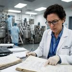 An FDA investigator in a white lab coat and glasses looks concerned while pointing at a discrepancy in a messy, handwritten notebook inside a bright, modern pharmaceutical manufacturing facility.