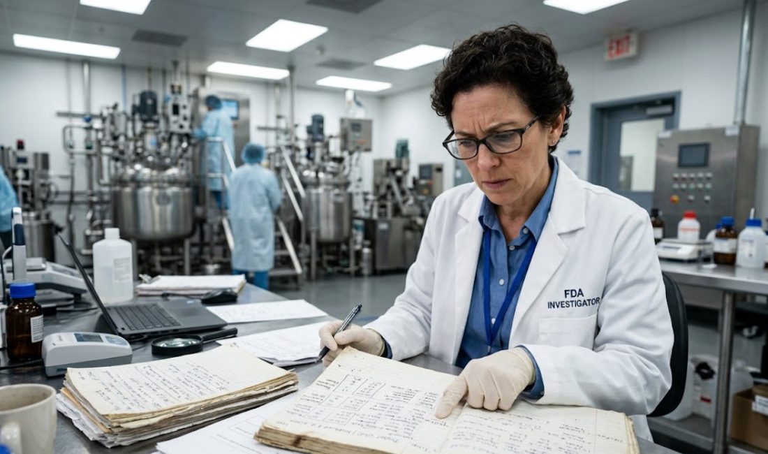 An FDA investigator in a white lab coat and glasses looks concerned while pointing at a discrepancy in a messy, handwritten notebook inside a bright, modern pharmaceutical manufacturing facility.