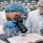 A female FDA-style investigator in lab coat, blue hairnet, gloves, and safety glasses photographs an open handwritten batch production record with red-circled entries on a stainless steel table beside a tablet compression machine, while a concerned male GMP supervisor observes on an active pharmaceutical production floor.
