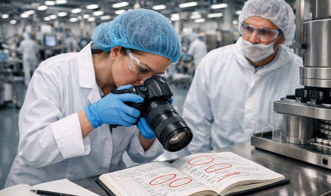 A female FDA-style investigator in lab coat, blue hairnet, gloves, and safety glasses photographs an open handwritten batch production record with red-circled entries on a stainless steel table beside a tablet compression machine, while a concerned male GMP supervisor observes on an active pharmaceutical production floor.