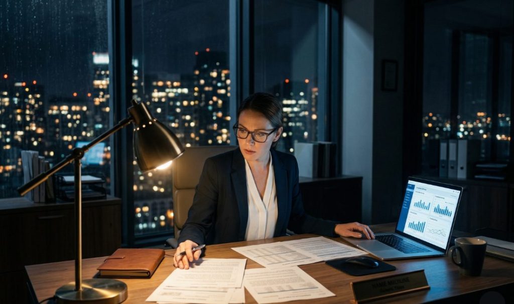 A pharmaceutical professional in a high-rise office at night, intensely reviewing compliance documents under a desk lamp with a glowing laptop dashboard and city skyline in the background.