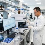 A male scientist in a white coat operating an HPLC machine in a modern pharmaceutical lab with data graphs on a monitor and organized glassware.
