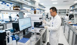 A male scientist in a white coat operating an HPLC machine in a modern pharmaceutical lab with data graphs on a monitor and organized glassware.