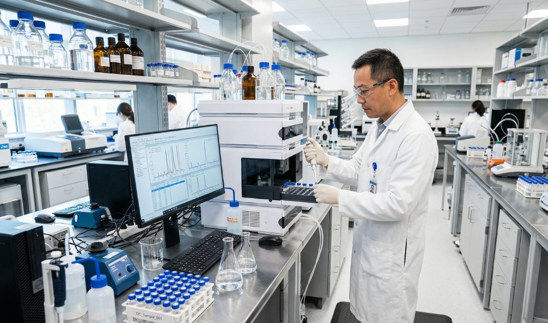 A male scientist in a white coat operating an HPLC machine in a modern pharmaceutical lab with data graphs on a monitor and organized glassware.