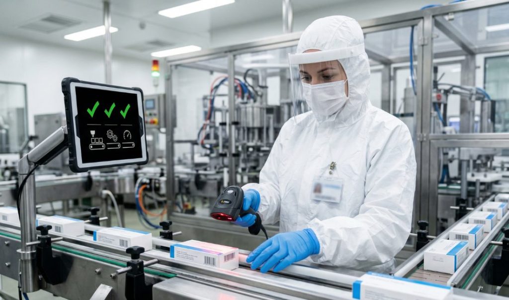A pharmaceutical technician in a sterile white cleanroom suit and face shield using a handheld barcode scanner on product packaging on a conveyor belt, with a digital monitor displaying green checkmarks in a high-tech manufacturing facility.