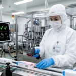 A pharmaceutical technician in a sterile white cleanroom suit and face shield using a handheld barcode scanner on product packaging on a conveyor belt, with a digital monitor displaying green checkmarks in a high-tech manufacturing facility.