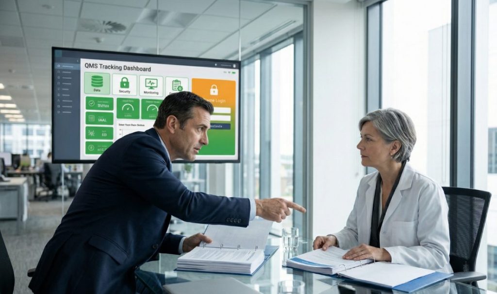 A professional-grade tablet in the foreground displaying a digital Data Integrity Dashboard with green compliance metrics, set against a blurred background of a high-end pharmaceutical cleanroom featuring stainless steel bioreactors and a technician in protective gear.