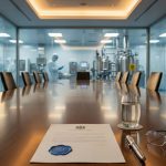 A wide-angle, cinematic photograph of a modern pharmaceutical boardroom featuring a formal document with a blue wax seal, a silver fountain pen, and glasses on a polished wood table, with a blurred high-tech cleanroom visible through a glass wall in the background.