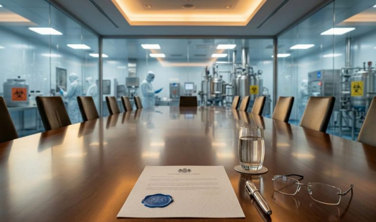 A wide-angle, cinematic photograph of a modern pharmaceutical boardroom featuring a formal document with a blue wax seal, a silver fountain pen, and glasses on a polished wood table, with a blurred high-tech cleanroom visible through a glass wall in the background.