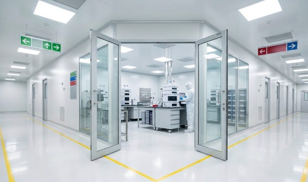 Wide-angle, 8K corporate photograph of a bright, white pharmaceutical quality control hallway junction. A T-intersection with yellow safety lines leads to open glass doors revealing a cleanroom laboratory. Inside, a scientist in white PPE works among blurred HPLC instruments and lab benches. The setting is sterile and GMP-compliant with color-coded directional signage and bright lighting.