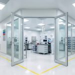 Wide-angle, 8K corporate photograph of a bright, white pharmaceutical quality control hallway junction. A T-intersection with yellow safety lines leads to open glass doors revealing a cleanroom laboratory. Inside, a scientist in white PPE works among blurred HPLC instruments and lab benches. The setting is sterile and GMP-compliant with color-coded directional signage and bright lighting.