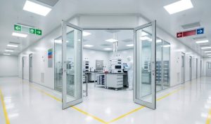 Wide-angle, 8K corporate photograph of a bright, white pharmaceutical quality control hallway junction. A T-intersection with yellow safety lines leads to open glass doors revealing a cleanroom laboratory. Inside, a scientist in white PPE works among blurred HPLC instruments and lab benches. The setting is sterile and GMP-compliant with color-coded directional signage and bright lighting.