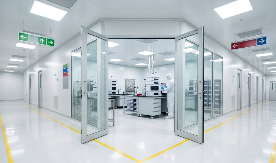 Wide-angle, 8K corporate photograph of a bright, white pharmaceutical quality control hallway junction. A T-intersection with yellow safety lines leads to open glass doors revealing a cleanroom laboratory. Inside, a scientist in white PPE works among blurred HPLC instruments and lab benches. The setting is sterile and GMP-compliant with color-coded directional signage and bright lighting.