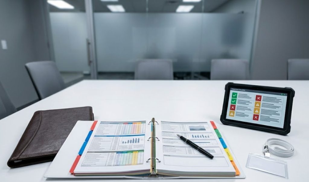 A close-up view of a white conference room table with an open three-ring binder, a leather notebook, a tablet displaying a checklist, a pen, and an ID badge, set in an empty, modern office environment.