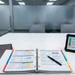 A close-up view of a white conference room table with an open three-ring binder, a leather notebook, a tablet displaying a checklist, a pen, and an ID badge, set in an empty, modern office environment.