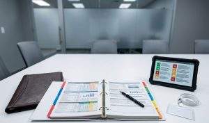 A close-up view of a white conference room table with an open three-ring binder, a leather notebook, a tablet displaying a checklist, a pen, and an ID badge, set in an empty, modern office environment.
