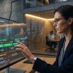 Alt Text: A professional female data analyst interacting with a large transparent digital monitor displaying life sciences compliance trajectories, green approval timelines, and amber warning flags in a modern corporate office setting.