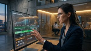 Alt Text: A professional female data analyst interacting with a large transparent digital monitor displaying life sciences compliance trajectories, green approval timelines, and amber warning flags in a modern corporate office setting.
