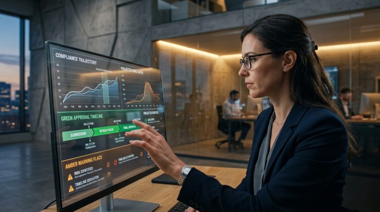 Alt Text: A professional female data analyst interacting with a large transparent digital monitor displaying life sciences compliance trajectories, green approval timelines, and amber warning flags in a modern corporate office setting.
