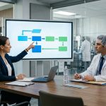 A corporate quality assurance director training a laboratory analyst for federal audits using a digital presentation screen showing process deviation workflows in 2026.