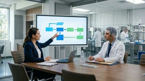 A corporate quality assurance director training a laboratory analyst for federal audits using a digital presentation screen showing process deviation workflows in 2026.