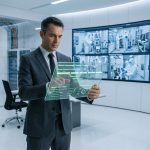A corporate compliance director holding a transparent digital glass tablet to cross-reference automated data logs and live facility monitoring streams.