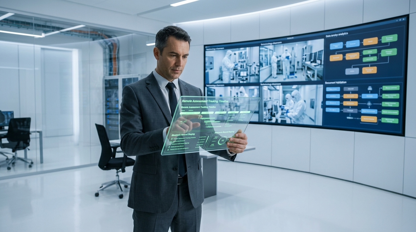 A corporate compliance director holding a transparent digital glass tablet to cross-reference automated data logs and live facility monitoring streams.