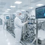 A bioprocess engineer in a full sterile cleanroom suit inspecting single-use bioreactor tubing lines and electronic validation graphs during an mRNA manufacturing facility audit.