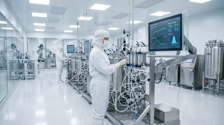 A bioprocess engineer in a full sterile cleanroom suit inspecting single-use bioreactor tubing lines and electronic validation graphs during an mRNA manufacturing facility audit.