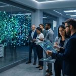 A diverse team of software engineers and regulatory auditors in a high-tech data center, analyzing a complex neural network visualization on a glass wall and a transparent digital tablet.
