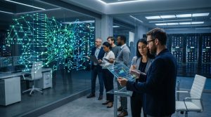 A diverse team of software engineers and regulatory auditors in a high-tech data center, analyzing a complex neural network visualization on a glass wall and a transparent digital tablet.