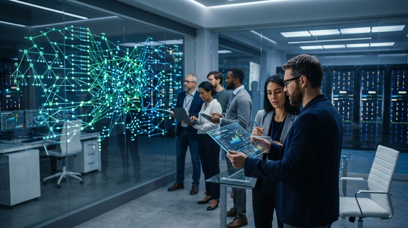A diverse team of software engineers and regulatory auditors in a high-tech data center, analyzing a complex neural network visualization on a glass wall and a transparent digital tablet.
