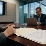 A corporate regulatory executive holding a pen next to an official Form FDA 483 document folder during a post-audit boardroom meeting in 2026.