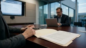 A corporate regulatory executive holding a pen next to an official Form FDA 483 document folder during a post-audit boardroom meeting in 2026.