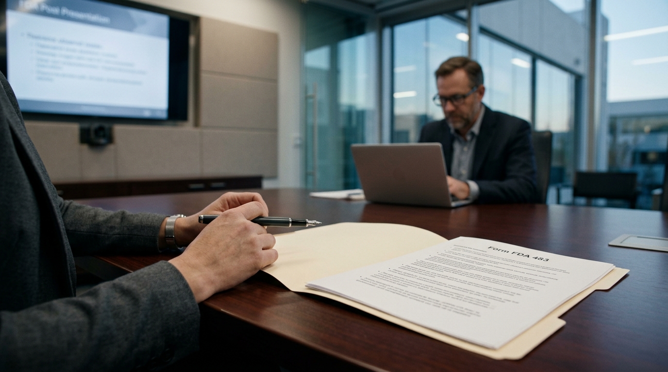 A corporate regulatory executive holding a pen next to an official Form FDA 483 document folder during a post-audit boardroom meeting in 2026.