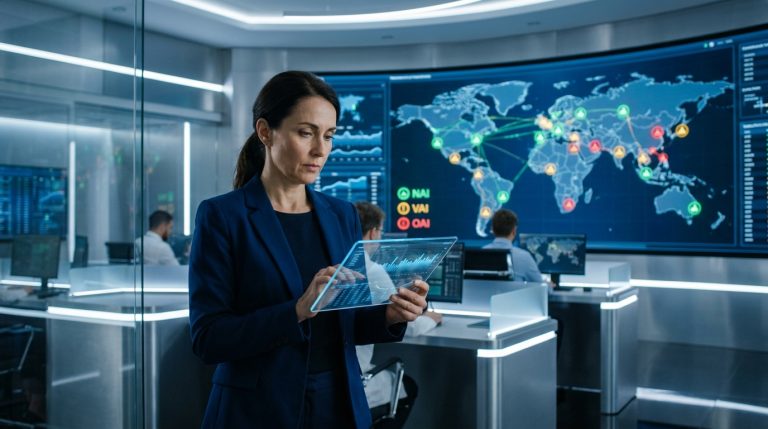 A corporate director in a professional command center reviewing global inspection data on a transparent tablet, with a large screen in the background displaying a world map and the FDA classifications NAI, VAI, and OAI.