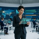 A corporate regulatory compliance director analyzing global manufacturing data and remote assessment metrics on a transparent digital glass tablet in a high-tech tracking hub.