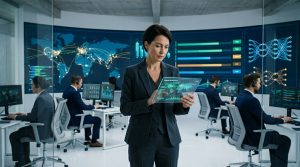 A corporate regulatory compliance director analyzing global manufacturing data and remote assessment metrics on a transparent digital glass tablet in a high-tech tracking hub.