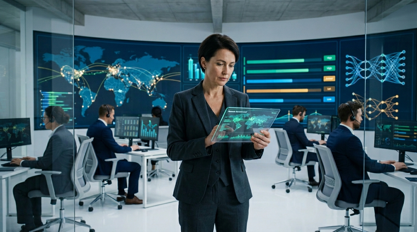 A corporate regulatory compliance director analyzing global manufacturing data and remote assessment metrics on a transparent digital glass tablet in a high-tech tracking hub.