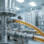 A heavy-duty stainless steel chromatography column base connected to clear braided transfer tubes containing clear amber biological harvest fluid within a sterile facility.