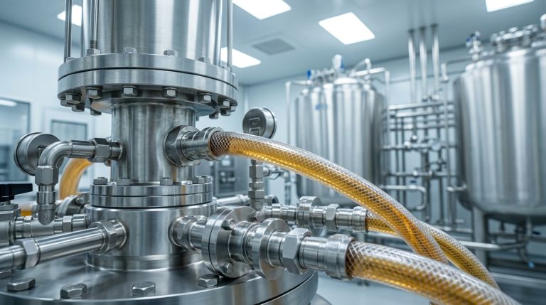 A heavy-duty stainless steel chromatography column base connected to clear braided transfer tubes containing clear amber biological harvest fluid within a sterile facility.