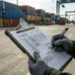 A logistics inspector in gray utility gloves writing on a clipboard to check a shipping manifest and temperature logs at a global container port terminal.