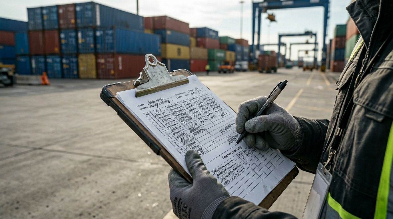 A logistics inspector in gray utility gloves writing on a clipboard to check a shipping manifest and temperature logs at a global container port terminal.