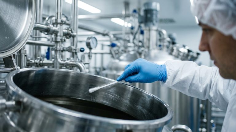 A pharmaceutical quality auditor wearing blue nitrile safety gloves executing a surface validation swab on the inner rim of an open stainless steel blending vessel.