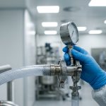 A validation inspector wearing blue nitrile gloves calibrating an industrial pressure gauge connected to reinforced single-use processing tubes inside a cleanroom.