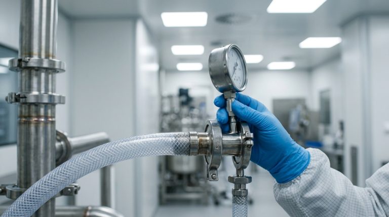 A validation inspector wearing blue nitrile gloves calibrating an industrial pressure gauge connected to reinforced single-use processing tubes inside a cleanroom.