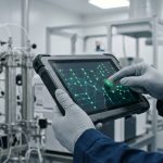 A regulatory auditor in gray utility gloves using a rugged mobile tablet to review electronic system audit trails and digital quality data networks inside a pharmaceutical lab.